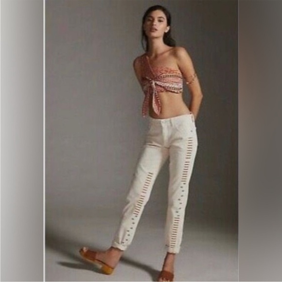 ANTHROPOLOGIE Pilcro embroidered ivory slim Boyfriend Jeans Size 27 - Picture 1 of 9